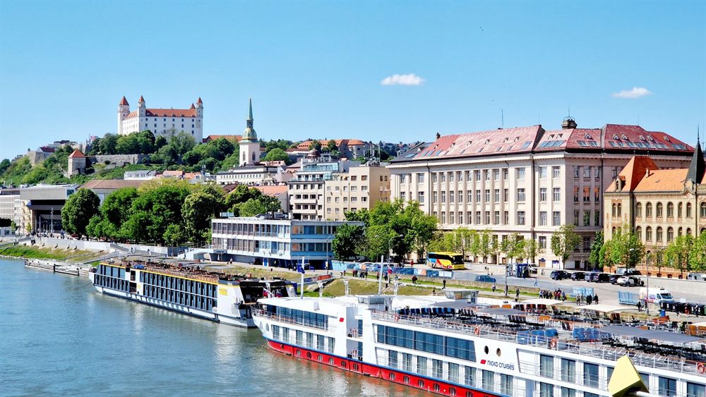 River cruise ships moored on the Danube below Bratislava old town